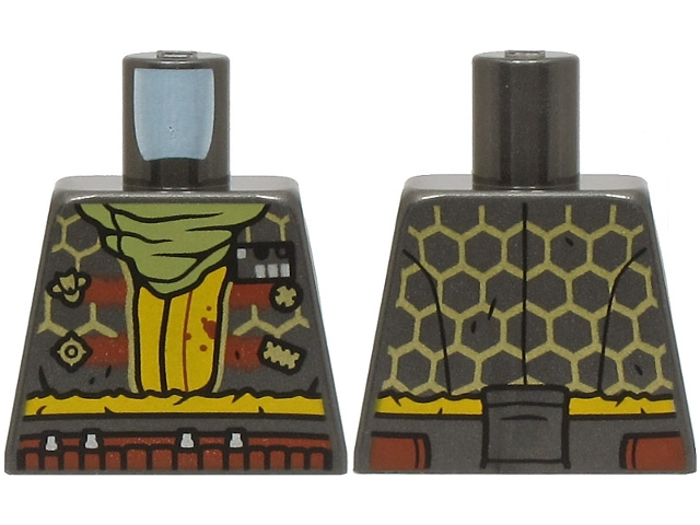 Lego Torso Coat with Gold Hexagons, Bright Light Orange Shirt, Olive Green Bandana, Reddish Brown Belt Pattern / Pearl Dark Gray