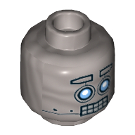 Lego Minifig Head Bot, Blue Robot Eyes, Eyebrows, Open Mouth Clenched Silver Teeth Print [Hollow Stud] / Flat Silver