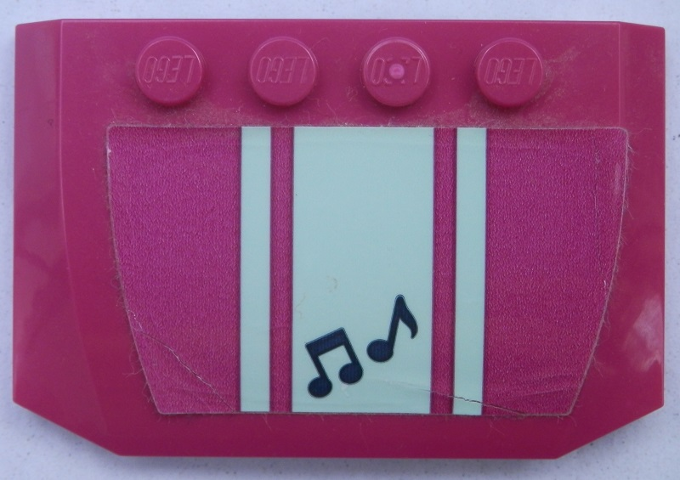 Lego Wedge 4 x 6 x 2/3 Triple Curved with Light Aqua Stripes on Magenta Background and Black Music Notes Pattern (Sticker) - Set 41316 / Magenta