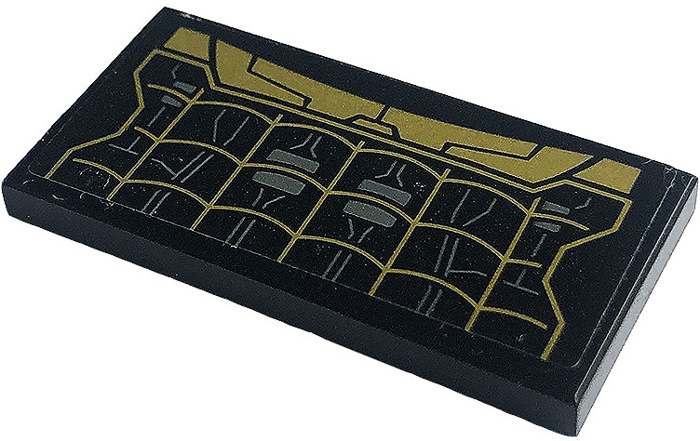 Lego Tile 2 x 4 with Dark Bluish Gray Cables, Gold Spider Web and Armor Plates Pattern (Sticker) - Set 76195 / Black