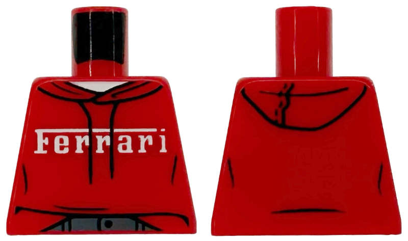 Lego Torso Hoodie with Black Drawstrings and Stitching, White Ferrari Logo and Undershirt, Dark Bluish Gray Pants Pattern / Red