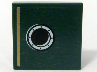 Lego Tile 2 x 2 with Gold Stripe and Porthole Pattern Model Left Side, Left Panel (Sticker) - Set 10194 / Dark Green