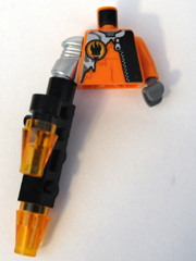 Lego Torso Agents Villain with Zipper & Silver Inset Pattern / Orange Arm and DBG Hand Left / Met Silver Mech Arm, Black Gun, Trans-Or Cones Right