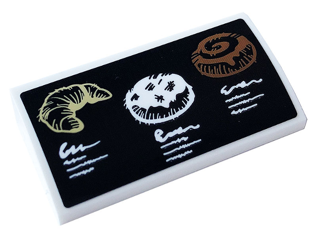 Lego Slope, Curved 2 x 4 x 2/3 with Bottom Tubes with Tan Croissant, White Donut / Doughnut, and Reddish Brown Cake on Black Background Pattern (Sticker) - Set 60233 / White
