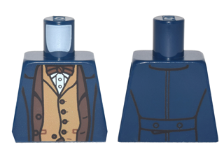 Lego Torso Trench Coat over Dark Brown Suit Jacket and Bow Tie, Dark Tan Vest and White Shirt Pattern / Dark Blue