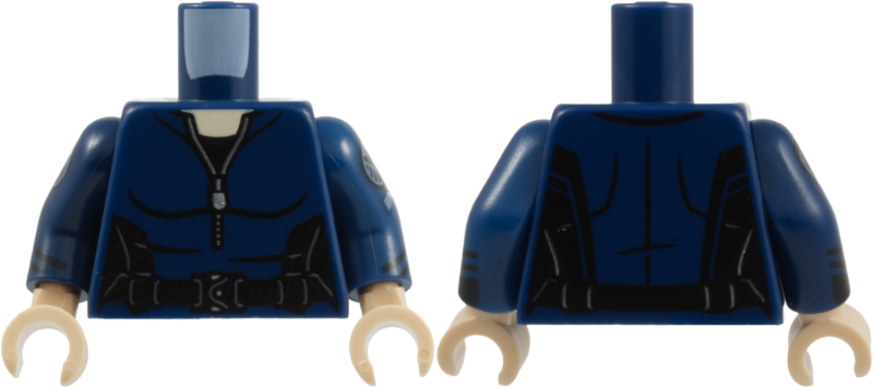 Lego Torso Armor Female Suit with Silver Zipper, Highlights, and Belt Buckle, Black Shirt and Side Panels, Light Nougat Neck Pattern / Dark Blue Arms with Black Cuffs, Sand Blue SHIELD Logos, and Insignia with White Arrow Pattern / Light Nougat Hands