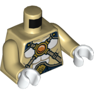 Lego Torso Bare Chest with Body Lines, Gold Crossing Straps and Blue Round Jewel (Chi) Print, Tan Arms, White Hands / Tan