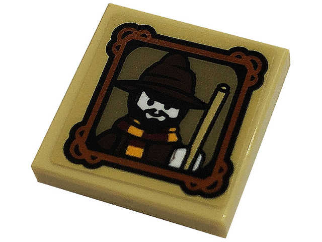 Lego Tile, Modified 2 x 2 Inverted with Minifigure with Wizards Hat and Magic Wand in Picture Frame Pattern (Sticker) - Set 76382