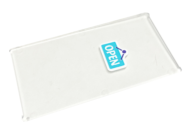 Lego Glass for Window 1 x 4 x 6 with Medium Azure and Dark Purple 'OPEN' Sign Pattern (Sticker) - Set 41699