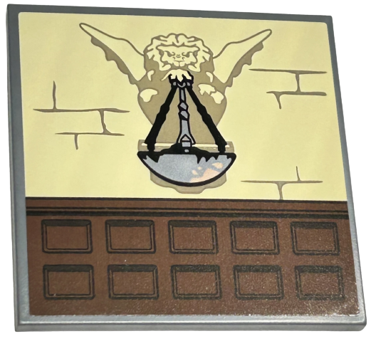 Lego Tile 6 x 6 with Bottom Tubes, Textured Surface with Tan Brick Wall, Dark Tan Gargoyle with Silver Fire Pit and Reddish Brown Paneling Pattern (Sticker) - Set 76415