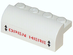 Lego Slope, Curved 2 x 4 x 1 1/3 with 4 Recessed Studs with Red 'OPEN HERE' with Black Arrows Pattern (Sticker) - Set 5974 / White