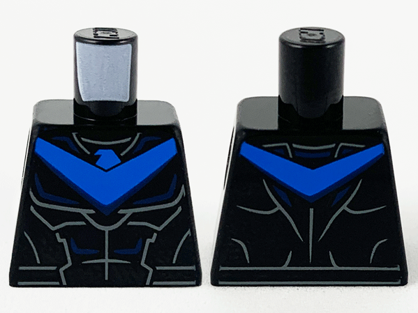 Lego Torso Armor, Blue Chevron with Bird Head, Dark Blue and Light Bluish Gray Muscle Contours Pattern / Black