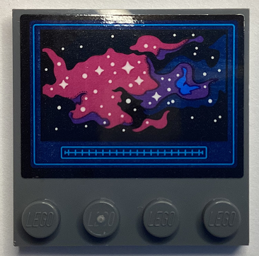 Lego Tile, Modified 4 x 4 with Studs on Edge with Screen with Magenta, Dark Purple and Dark Blue Nebula and White Stars Pattern (Sticker) - Set 60351 / Dark Bluish Gray