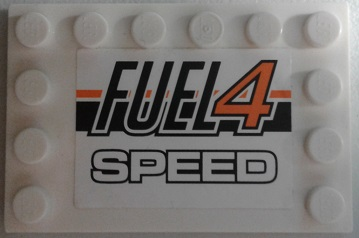 Lego Tile, Modified 4 x 6 with Studs on Edges with 'FUEL4 SPEED' on Black and Orange Stripes Pattern (Sticker) - Set 8135 / White