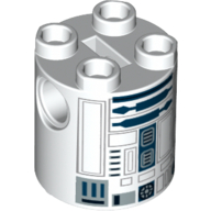 Lego Brick Round 2 x 2 x 2 Robot Body, Axle Holder '+' Orientation with Dark Blue and Gray Astromech Droid Print (R2-D2) / White
