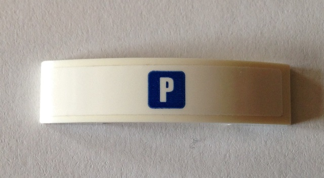 Lego Slope, Curved 4 x 1 x 2/3 Double with White 'P' in Blue Square Pattern (Sticker) - Set 40170