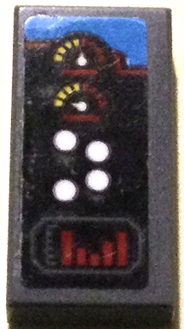 Lego Tile 1 x 2 with Control Panel with Gauges, White Buttons and Red Bar Chart Pattern Model Left Side (Sticker) - Set 70916 / Dark Bluish Gray