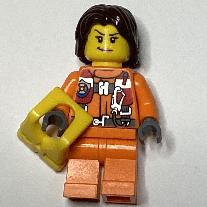 Lego Coast Guard, Woman, Orange Jumpsuit, Yellow Life Vest, Dark Brown Hair