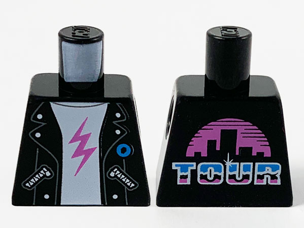 Lego Torso Jacket, White Shirt with Dark Pink Lightning Bolt, 'TOUR' and Cityscape on Back Pattern / Black