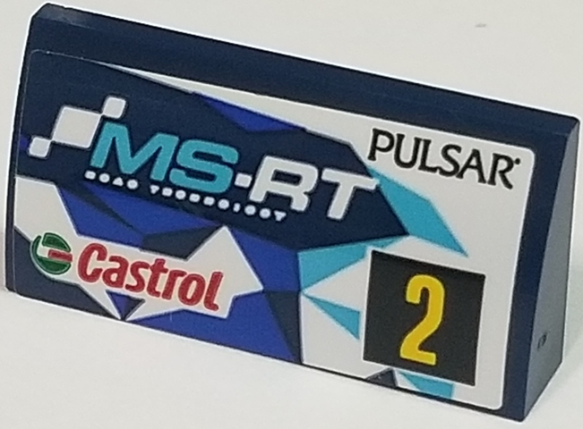 Lego Slope, Curved 2 x 4 x 2/3 with Bottom Tubes with 'PULSAR', 'MS-RT', 'Castrol' and Yellow Number 2 Pattern, Model Right Side (Sticker) - Set 75885