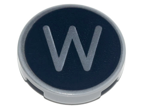 Lego Tile, Round 2 x 2 with Bottom Stud Holder with Silver Capital Letter W on Black Background Pattern