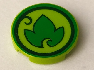 Lego Tile, Round 2 x 2 with Bottom Stud Holder with Elves Earth Power Icon Pattern / Lime