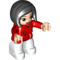 Lego Duplo Figure with Straight Hair with Left Parting Black, White Legs, Collar and Flower Print / Red