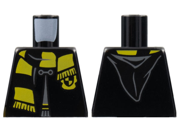 Lego Torso Hogwarts Robe Clasped with Hufflepuff Shield and Scarf Pattern / Black