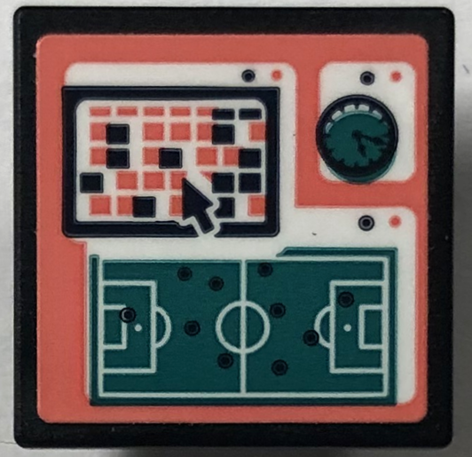 Lego Road Sign 2 x 2 Square with Open O Clip with Computer Screen with Dark Turquoise Basketball Court, Mouse Cursor Arrow and Clock on Coral Background Pattern (Sticker) - Set 41744 / Black