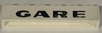 Lego Brick 1 x 6 without Bottom Tubes with Cross Side Supports with Black 'GARE' Pattern / White