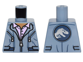 Lego Torso Jumpsuit Jacket Partially Open with Pockets, Silver Zippers and Dark Blue Waistband over Lavender Shirt with Buttons, Medium Nougat Neck, Jurassic World Logo on Back Pattern / Sand Blue