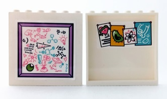 Lego Panel 1 x 6 x 5 with Whiteboard with Drawings of Chemical Formulas on Outside and Pictures of Heart, Cell, Atom Orbitals and Bones on Inside Pattern (Stickers) - Set 41682 / White