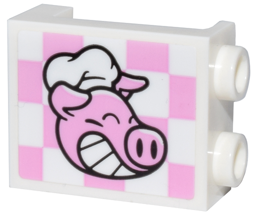 Lego Panel 1 x 2 x 2 with Side Supports - Hollow Studs with Pigsy Head on Bright Pink and White Checkered Pattern Side B (Sticker) - Set 80036