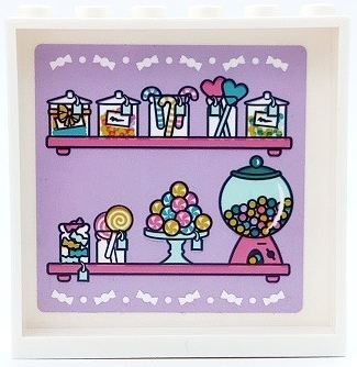 Lego Panel 1 x 6 x 5 with Shelves, Jars, Candy Canes, Hearts and Gumball Machine on Lavender Background Pattern (Sticker) - Set 41450 / White