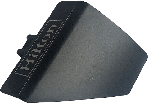 Lego Technic, Panel Curved #71 5 x 4 x 3 Tapered Left with White 'Hilton' on Outside Only Pattern (Sticker) - Set 42141 (Second Version) / Black