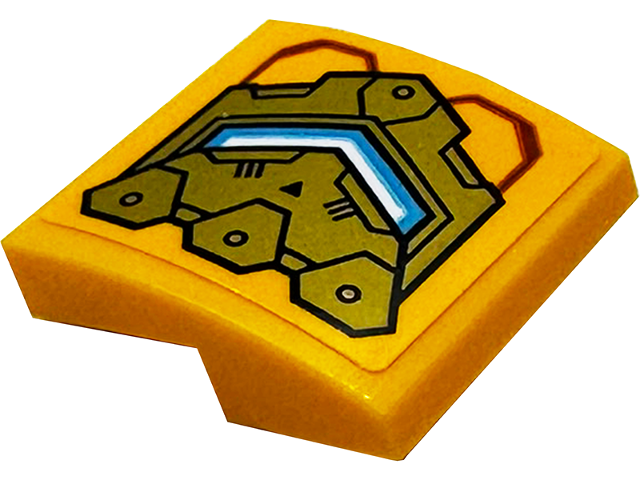 Lego Slope, Curved 2 x 2 x 2/3 with Gold Armor Plates with White and Medium Azure Stripes Pattern Model Right Side (Sticker) - Set 71833 / Bright Light Orange
