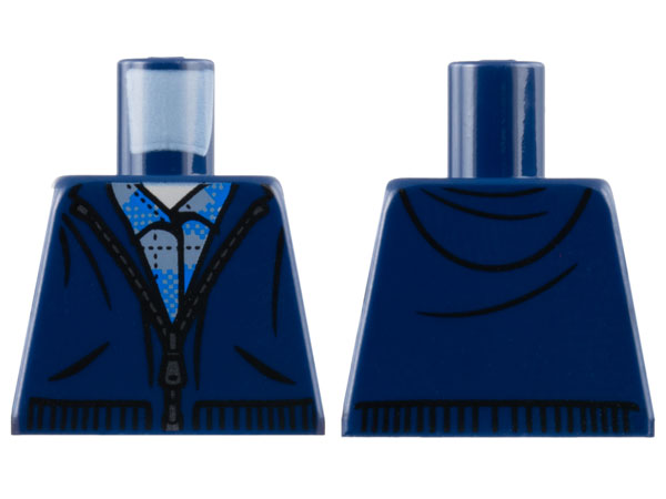 Lego Torso Hoodie with Silver Zipper over Blue and Dark Bluish Gray Plaid Shirt, Light Nougat Neck Pattern / Dark Blue