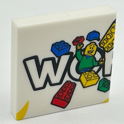 Lego Tile 2 x 2 with 'WO', Minifig, and Bricks Print / White