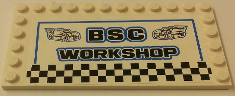 Lego Tile, Modified 6 x 12 with Studs on Edges with 'BSC WORKSHOP' Pattern (Sticker) - Set 8154
