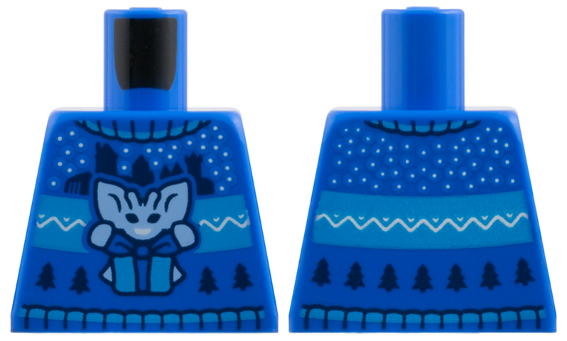 Lego Torso Knit Fair Isle Holiday Sweater with Bright Light Blue Cornish Pixie with Present / Gift, Castle Silhouettes and Christmas Trees Pattern / Blue