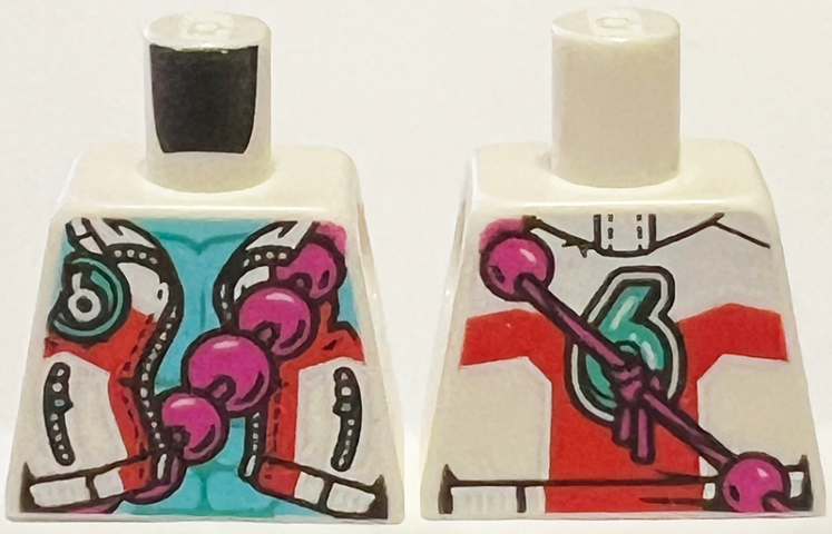 Lego Torso Open Jacket with Pockets and Zippers, Silver and Red Panels, Medium Azure Chest with Muscles Outline, Magenta Beaded Necklace, Dark Turquoise Number 6 on Front and Back Pattern / White