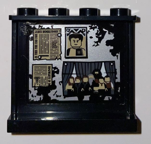 Lego Panel 1 x 4 x 3 with Side Supports - Hollow Studs with Newspaper Clippings and Pictures on Worn Silver Background Pattern (Sticker) - Set 75966 / Black