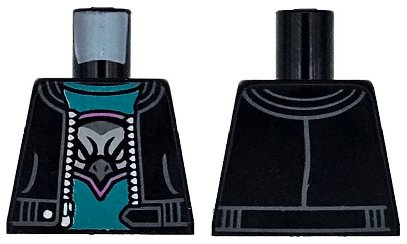 Lego Torso Jacket Open with Pockets and Silver Zipper over Dark Turquoise Shirt with Dark Pink, Dark Bluish Gray, and Light Bluish Gray Hawk Head Logo Pattern / Black
