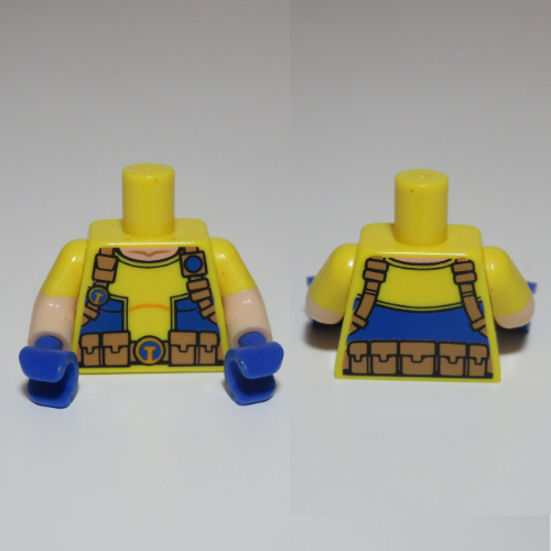 Lego Torso, Dual Molded Arms, Shirt with Blue Pockets, Straps, Utility Belt, Belt Buckle Print, Yellow Sleeves Pattern, Light Nougat Arms, Blue Hands / Yellow