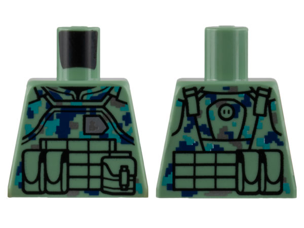 Lego Torso Flak Vest with Pouches and Dark Blue, Dark Turquoise, and Silver Pixelated Camouflage Pattern / Sand Green