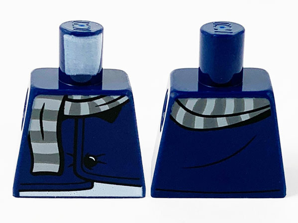 Lego Torso Jacket with Black Button, Light Bluish Gray and Dark Bluish Gray Striped Scarf Pattern / Dark Blue