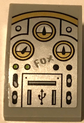 Lego Slope, Curved 3 x 2 with Gold and Silver Flight Control Panel with Buttons, Gauges, 'FOX', USB Symbol and Ports Pattern (Sticker) - Set 72005