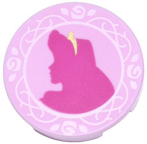 Lego Tile, Round 2 x 2 with Bottom Stud Holder with Magenta Aurora Silhouette, Gold Tiara, and White Roses and Thorns Pattern