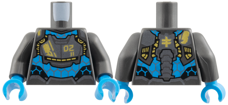 Lego Torso Armor over Dark Azure Mesh, Gold '02' and Trim Pattern / Pearl Dark Gray Arms / Dark Azure Hands