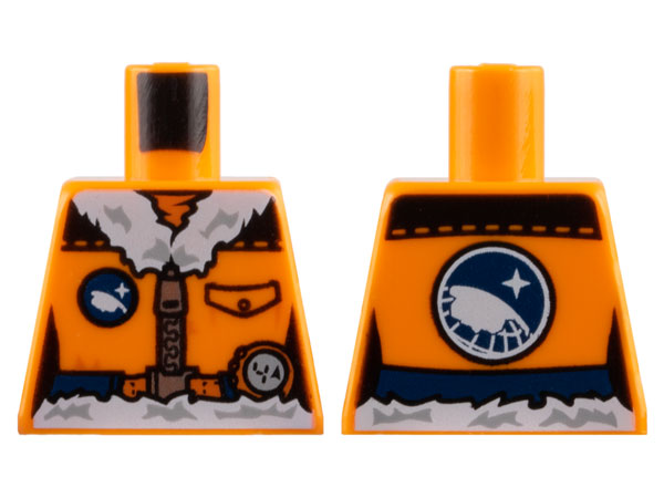 Lego Torso Female Coat with Arctic Explorer Logo, Pocket, Silver Zipper, and White Fur Collar and Waistline, Dark Blue Belt Pattern / Orange